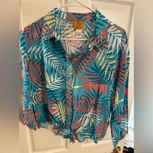 Womens Ruby Rd Hawaiian Button Shirt Blue Orange Palm Leaves L